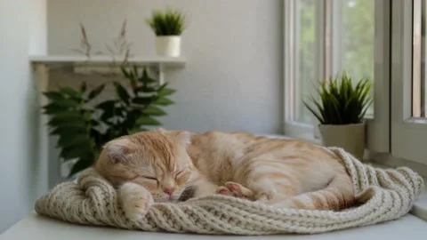 Cute red cat breed Scottish fold on a cozy beige chunky knit scarf Stock Footage 170468745