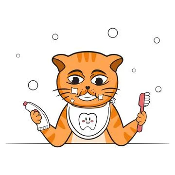 Cute red cat brushing teeth cartoon for ad banner Stock Illustration