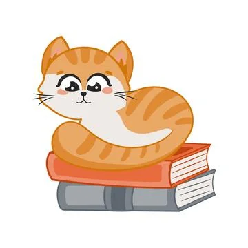 Cute red cat character laying on the stack of books Stock Illustration