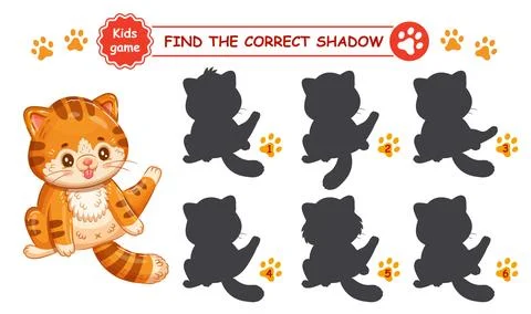 Cute red cat character sit, find correct shadow shape education logic kid game イラスト素材