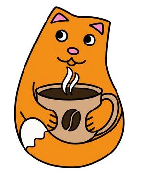 A cute red cat drinks coffee from a large cup - vector full-color picture. Stock Illustration