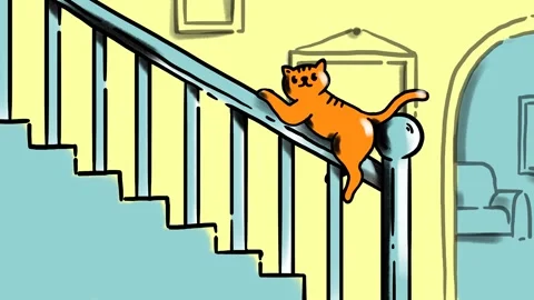 A cute red cat rolls down the blue railing of the stairs Stock Footage 243011355