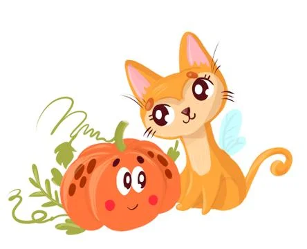Cute red cat, sitting next to an pumpkin. Stock Illustration