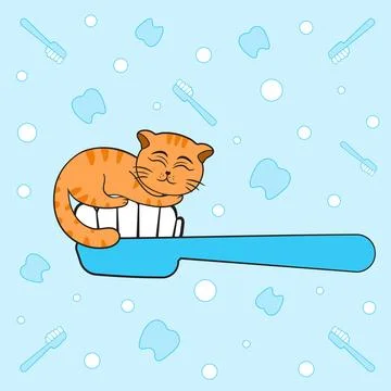 Cute red cat sleeping on toothbrush cartoon Stock Illustration