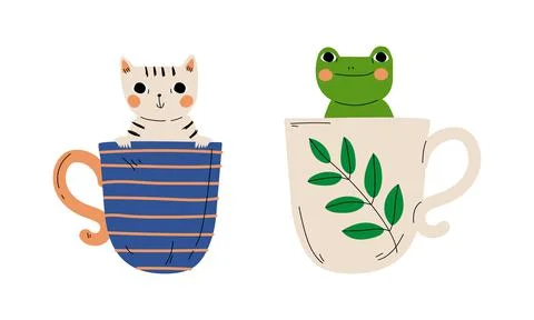 Cute Red Cheeked Cat and Frog Animal Sitting in Mug Vector Set 스톡 일러스트