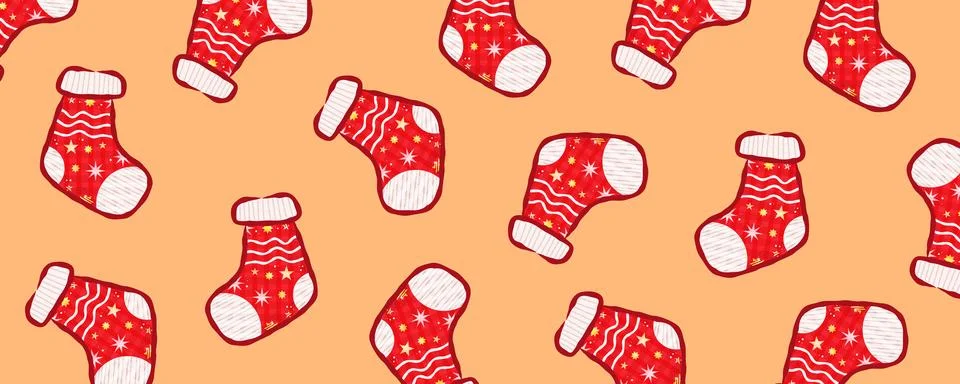 Cute Red Christmas Socks Pattern with Stars on Warm Background Stock Illustration