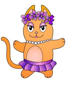 Cute, red, dancing cat in a wreath of purple flowers and a ballet tutu. Stock Illustration