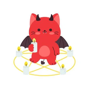 Cute Red Devil Cat Holding Candle in Pentagram Halloween Illustrazione stock