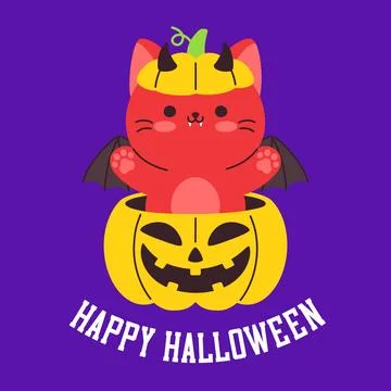 Cute Red Devil Cat Popping Out of Jack O Lantern Happy Halloween Illustrazione stock