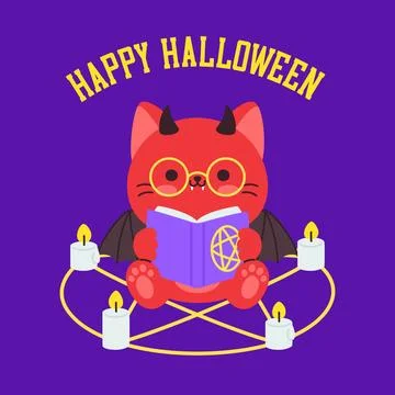 Cute Red Devil Cat Reading Spellbook With Glasses Happy Halloween イラスト素材