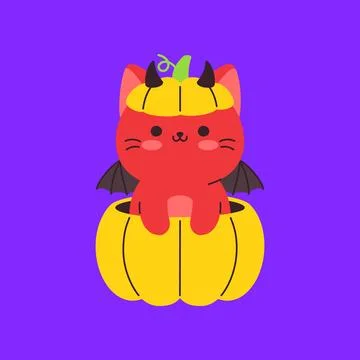 Cute Red Devil Cat Wearing Pumpkin Hat Sitting in Pumpkin Halloween Illustrazione stock