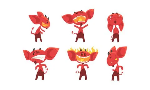 Cute Red Devil with Various Emotions and Actions Collection, Funny Demon Cartoon Stock Illustration