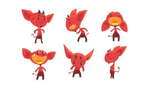 Cute Red Devil with Various Emotions and Actions Collection, Funny Demon Cartoon Stock Illustration