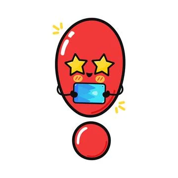 Cute red exclamation mark character using smartphone happily イラスト素材