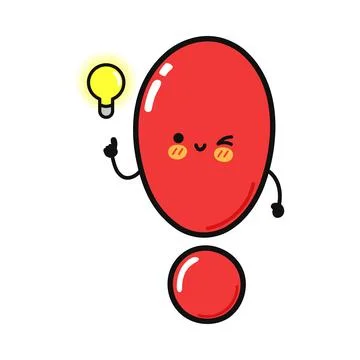 Cute red exclamation mark character holding bright idea bulb Stock Illustration