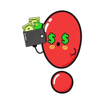 Cute red exclamation mark character holding wallet with cash イラスト素材