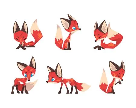 Cute Red Fox with Bushy Tail in Different Pose Vector Set Stock Illustration