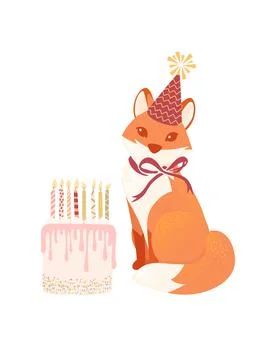 Cute red fox in a cone-cap sitting with birthday cake birthday animal concept Stock Illustration