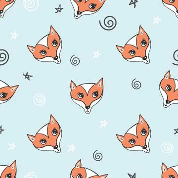 Cute red fox seamless pattern vector illustration. Cartoon fox on blue color 스톡 일러스트