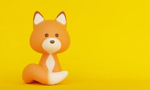Cute red fox sitting on yellow background. 3d rendering Illustrazione stock