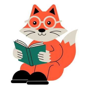 Cute red fox wearing glasses sitting reading book vector Stock Illustration