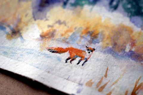 Cute Red Fox in winter forest. Snowy forest. Watercolor. Fotos de archivo
