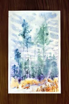 Cute Red Fox in winter forest. Snowy forest. Watercolor. Foto stock