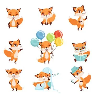Cute red foxes showing various emotions and actions. Laughing, sitting, walking Stock Illustration
