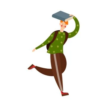 Cute red-haired boy running with the book over the head on a rainy day. Vector Ilustração Stock