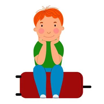 A cute red-haired boy is sitting on a suitcase. Stock Illustration