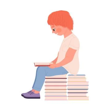 Cute red haired boy sitting on pile of books and reading Stock Illustration