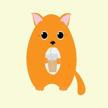 A cute red-haired cat drinks a cocktail from a transparent glass through a st Stock Illustration