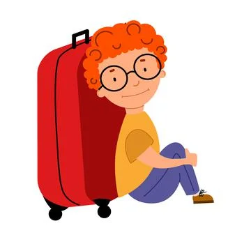 A cute red-haired curly-haired boy with glasses is sitting next to a suitcase. Stock Illustration