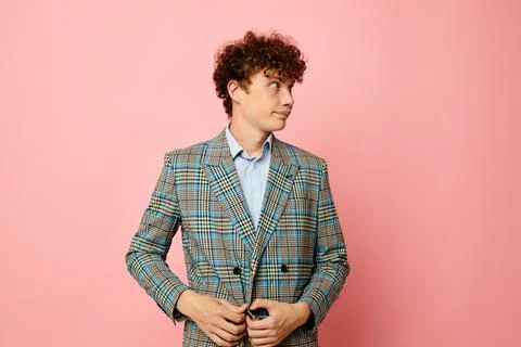 Cute red-haired guy checkered blazer elegant style posing fashion Lifestyle Stock Photos