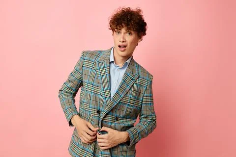 Cute red-haired guy checkered blazer elegant style posing fashion Lifestyle Stock Photos