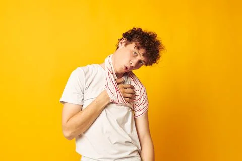 Cute red-haired guy striped t shirt posing summer clothing isolated background Stock Photos