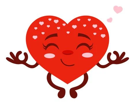 A cute red heart character does meditation with his eyes closed. Yoga breathi Stock Illustration