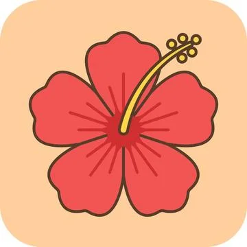 Cute red hibiscus flower flat icon with thick outline on pastel background. Stock Illustration