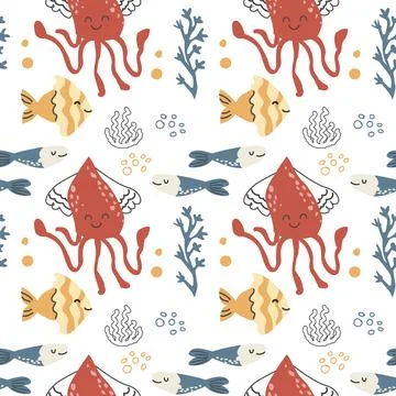 Cute red jellyfish seamless pattern in doodle scandinavian style. Stock Illustration