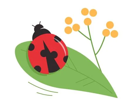 Cute red ladybug sitting on a green leaf with yellow berries Ilustración de archivo