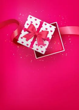 Cute red love heart pattern opened gift box and ribbon Stock Illustration