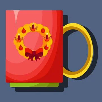 Cute red mug, on a gray background, with a Christmas decoration. Stock Illustration