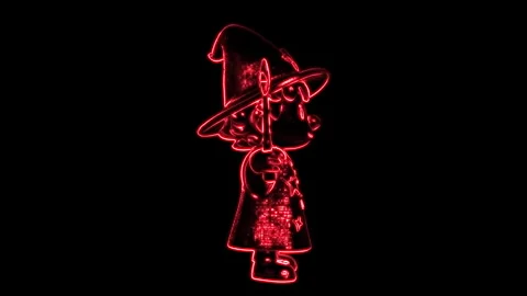 Cute Red Neon Wizard Character with Magic Wand Spinning on Black Background Stock Footage 319378327