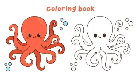 Cute red octopus vector illustration undersea, sea life coloring book or Stock Illustration