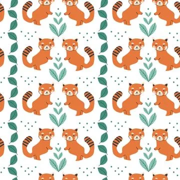 Cute red panda and leaf pattern for children's room decor Stock Illustration