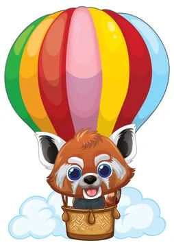 Cute Red Panda Character Flying in Colorful Hot Air Balloon Stock Illustration