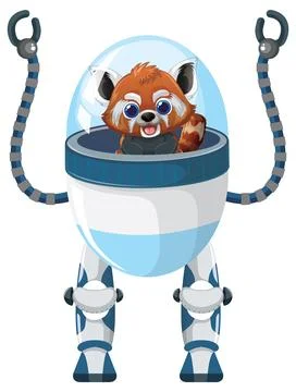 Cute Red Panda Character Piloting a Futuristic Bipedal Robot Suit Stock Illustration