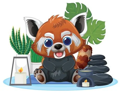 Cute Red Panda Character Sitting with Spa and Wellness Elements 库存插图