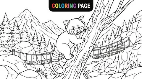 Cute Red Panda Climbing Tree Coloring Page for Kids. Stock Illustration