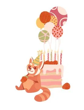 Cute red panda in a cone-cap sitting with birthday cake birthday animal concept Stock Illustration